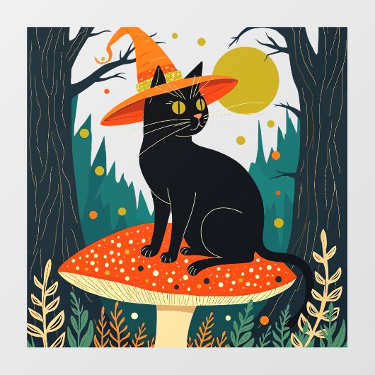 A Little Black Witchy Cat Sitting On A Toadstool  Fensteraufkleber (Blatt)
