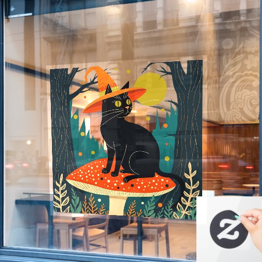  A Little Black Witchy Cat Sitting On A Toadstool  Fensteraufkleber (Café-Fenster)