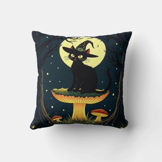 A Little Black Witchy Cat Sitting On A Toadstool Kissen (Rückseite)