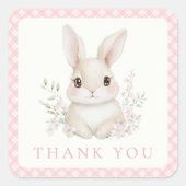 A Little Bunny Pink Gingham Baby Shower Quadratischer Aufkleber (Vorderseite)