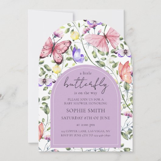 A Little Butterfly Is On The Way Purple Arch Einladung (Vorderseite)