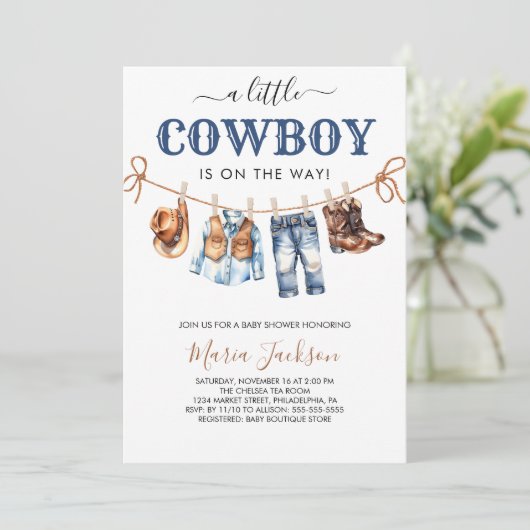 A Little Cowboy Wild West Blue boy Baby Shower Einladung (Stehend Vorderseite)