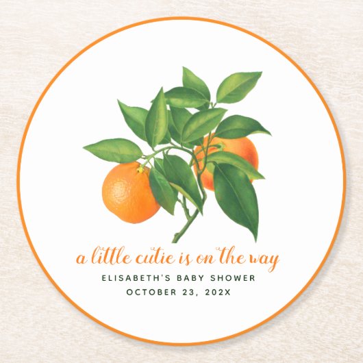 A Little Cutie Baby Shower Orange & Citrus Leaves Runder Pappuntersetzer (Vorderseite)