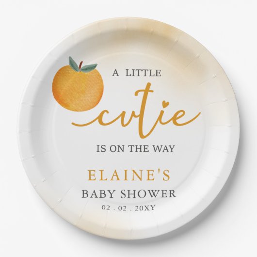 A Little Cutie Is On The Way Orange Baby Shower  Pappteller (Vorderseite)