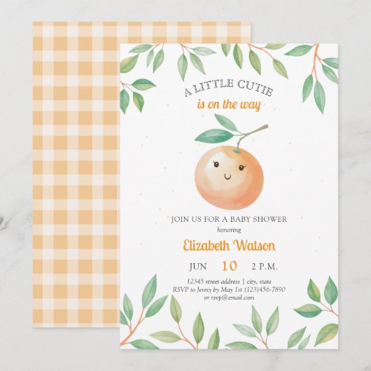 A Little Cutie Orange Gingham Citrus Baby Shower Einladung (Vorne/Hinten)