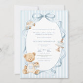 A Little Gentleman Blue Boy Bear Stripe Baby  Einladung (Vorderseite)