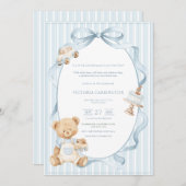 A Little Gentleman Blue Boy Bear Stripe Baby  Einladung (Vorne/Hinten)