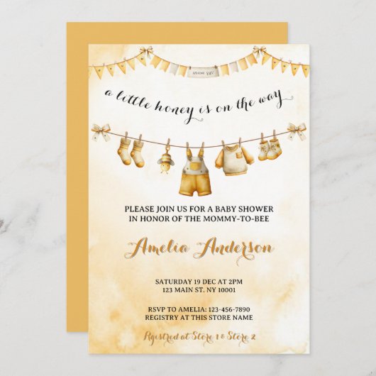 A little Honey On The Way Clothesline Baby Shower Einladung (Vorne/Hinten)