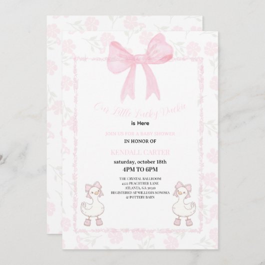 A Little Lucky Duckie Pink Bow Floral Baby Shower Einladung (Vorne/Hinten)