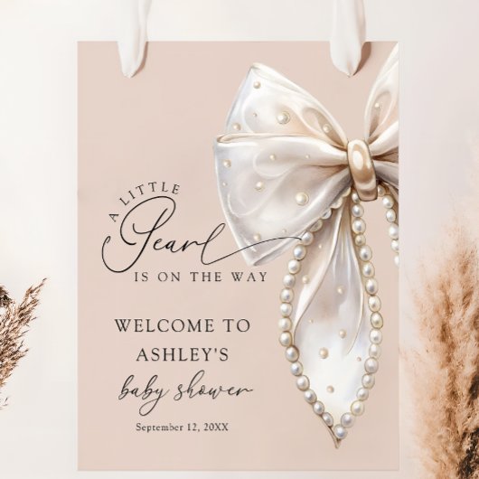 A Little Pearl Beige Bow Baby Shower Welcome Poster