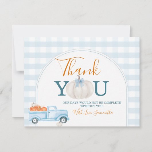 A Little Pumpkin Blue Truck Gingham Baby Shower Dankeskarte (Vorderseite)
