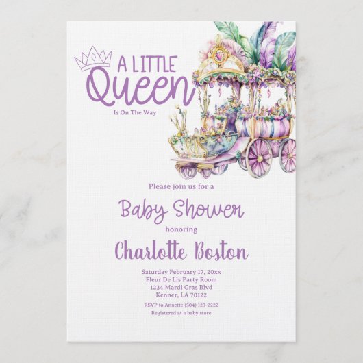 A Little Queen Mardi Gras Float Baby Shower Einladung (Vorderseite)