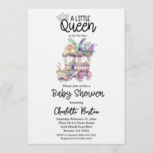 A Little Queen Mardi Gras Float Baby Shower Einladung (Vorderseite)