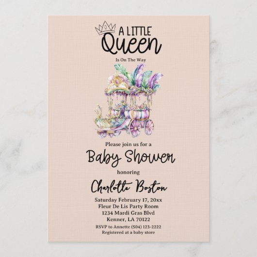 A little Queen Mardi Gras Float Baby Shower Einladung (Vorderseite)