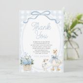 A Little Silly Goose Blue Bow Floral Baby Shower Dankeskarte (Stehend Vorderseite)