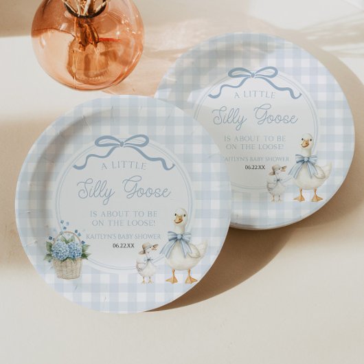 A Little Silly Goose Blue Floral Bow Baby Shower Pappteller