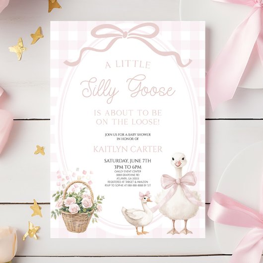 A Little Silly Goose Pink Bow Floral Baby Shower Einladung