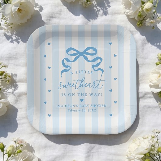 A Little Sweetheart Blue Bow Baby Shower Pappteller