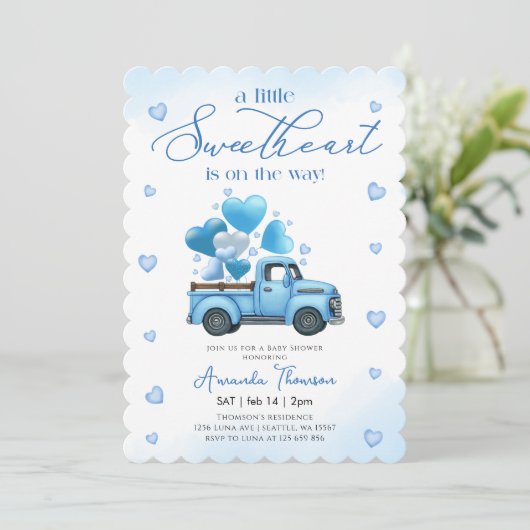 A little Sweetheart blue Truck Baby Shower Einladung (Stehend Vorderseite)