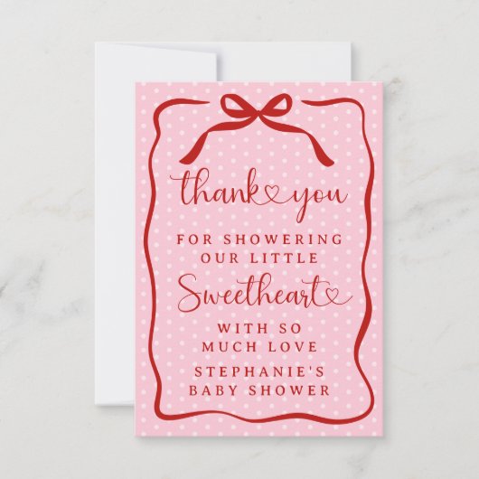 A Little Sweetheart Pink Red Bow Girl Baby Shower Dankeskarte (Vorderseite)