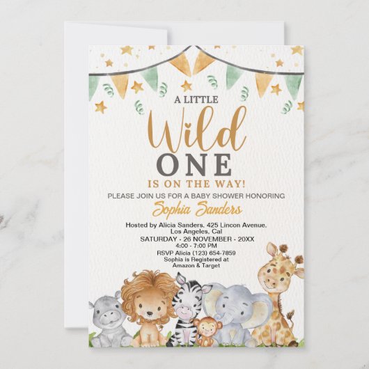 A Little Wild One Safari Animals Baby Shower Einladung (Vorderseite)