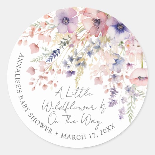 A Little Wildflower Floral Baby Shower Runder Aufkleber (Vorderseite)