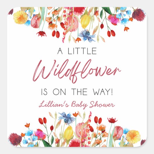 A Little Wildflower Is On The Way Baby Shower Quadratischer Aufkleber (Vorderseite)