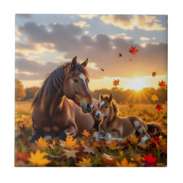 A Mama Horse and her Foal in Autumn Fliese