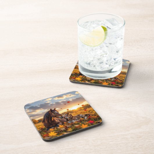 A Mama Horse and her Foal in Autumn Getränkeuntersetzer (Rechte Seite)