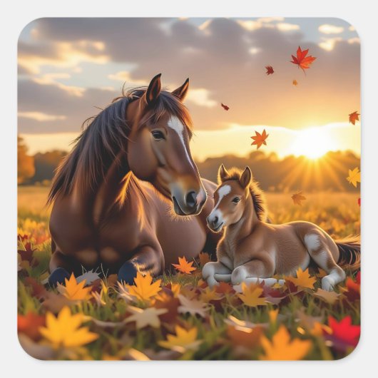 A Mama Horse and her Foal in Autumn Quadratischer Aufkleber (Vorderseite)