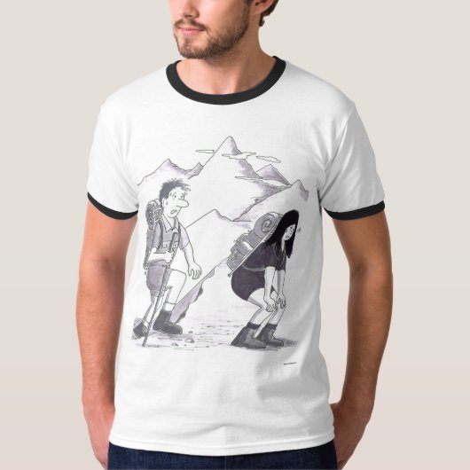 A Man and Woman Hiking with Backpacks Up  Mountain T-Shirt (Vorderseite)