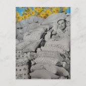 A Man With Retro Floral Print Flour Sacks Pile  Postkarte (Vorderseite)