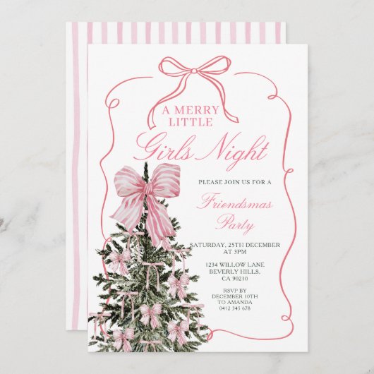 A Merry Little Girls Night Pink Bow Christmas Tree Einladung (Vorne/Hinten)