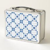 A metal lunchbox featuring a blue and white (Rückseite)