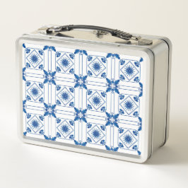 A metal lunchbox featuring a blue and white