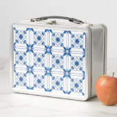 A metal lunchbox featuring a blue and white (Beispiel)