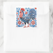 A metaphorical chicken image with a blue and white quadratischer aufkleber (Tasche)