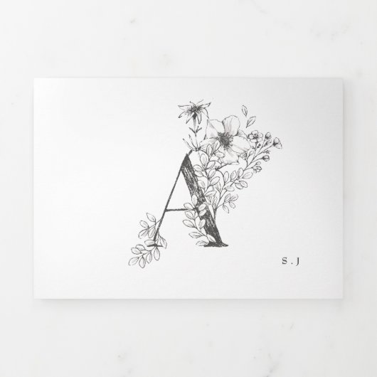 'A' Monogram Schöne gezeichnete Blumenhochzeit Dreifach Gefaltete Einladung (Cover)