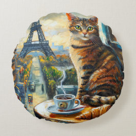 A Morning in Paris | Tabby Cat at a Cafe Rundes Kissen