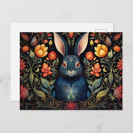 a mystical rabbit surrounded by flowers postkarte (Vorne/Hinten)