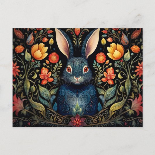 a mystical rabbit surrounded by flowers postkarte (Vorderseite)