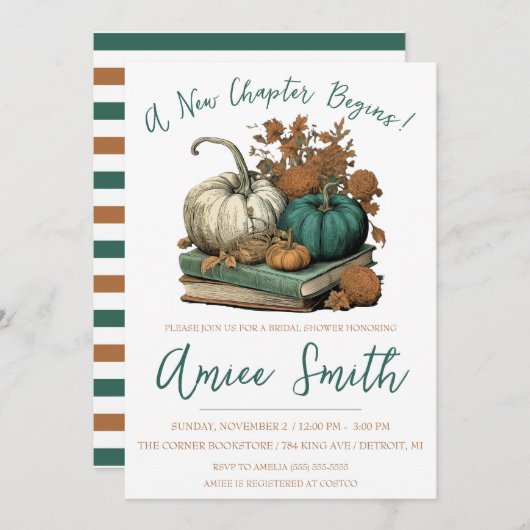 A New Chapter Begins! Autumn Pumpkin Bridal Shower Einladung (Vorne/Hinten)
