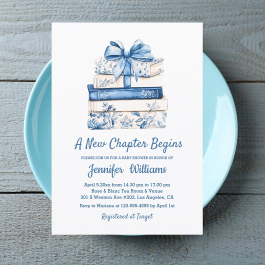 a new chapter begins blue bow books baby shower  einladung