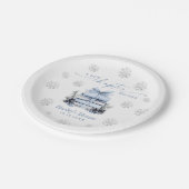 A New Chapter Begins, Blue Bow Winter Baby Shower Pappteller (Schrägansicht)