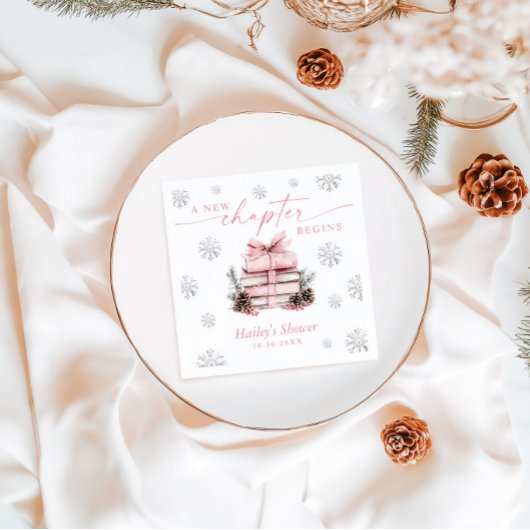 A New Chapter Begins, Pink Bow Winter Baby Shower Serviette