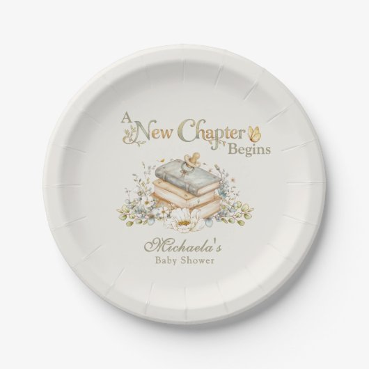A New Chapter Begins Rustic Book Theme Baby Shower Pappteller (Vorderseite)