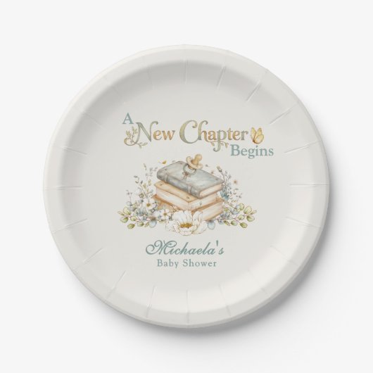 A New Chapter Begins Rustic Book Theme Baby Shower Pappteller (Vorderseite)