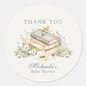 A New Chapter Begins Rustic Book Theme Baby Shower Runder Aufkleber (Vorderseite)