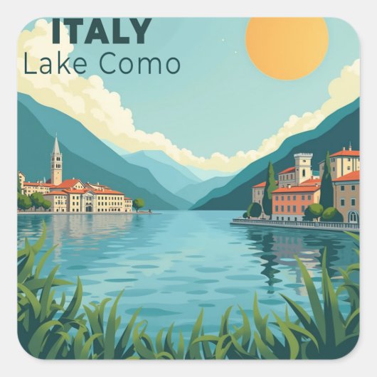 A Nostalgic Classic Travel Poster – Italy Lake Com Quadratischer Aufkleber (Vorderseite)