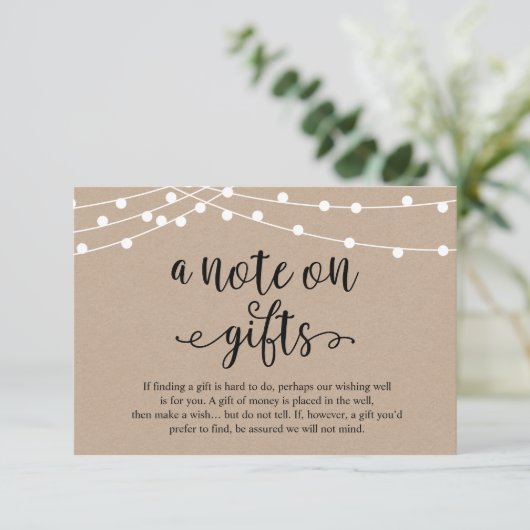 A Note On Gifts, Rustic Wedding Begleitkarte (Stehend Vorderseite)